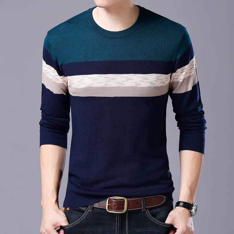 Мужская трикотажная одежда с круглым вырезом, мягкий облегающий свитер с круглым вырезом, контрастный цвет, в полоску, вязаный пуловер, свитер - Цвет: 8869Green