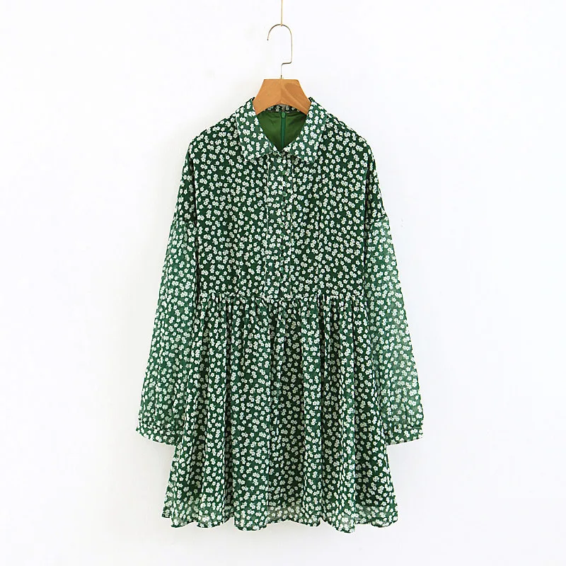 

2018 Autumn Versitile Fashion Fold-down Collar Long Sleeve Pastoral Style Floral-Print Lantern Sleeve Dress Short Skirt Women's