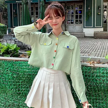 

Women Blouses Shirt Long Sleeve Casual Turn-down Collar Solid Female Tops Korean Vogue Shirt Loose Single-breasted Shirts