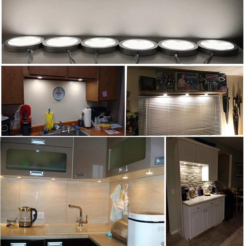 AIBOO LED Linkable Under Cabinet Lighting Dimmable 6/10/12 Puck Lights with Wireless RF Remote Control Hardwired& Wall Plug in