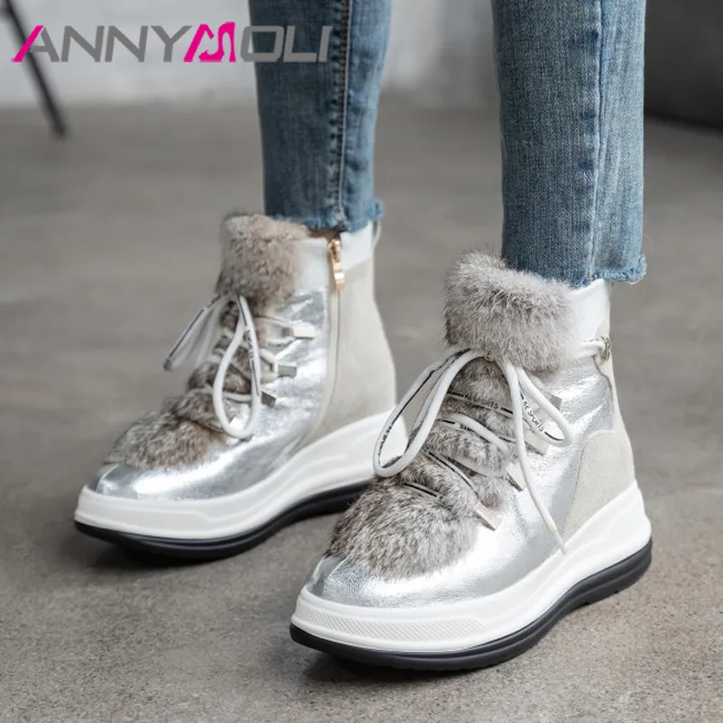 

FOREADA Wool High Heel Snow Boots Woman Real Leather Ankle Boots Zip Platform Height Increasing Short Boots Lace UP Lady Shoes