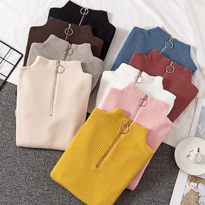 

Women Knitted Sweaters Pullovers Turtleneck Long Sleeve Solid Slim Elastic Zipper Female Sweater Top 2020 Autumn Winter #L20