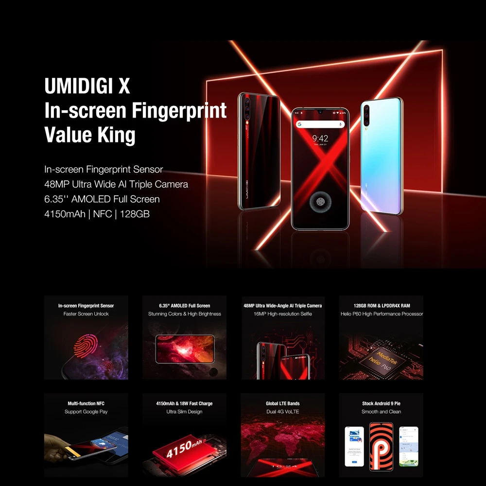 Смартфон UMIDIGI X на базе Android 9 0 4 Гб ОЗУ 128 ПЗУ AMOLED экран 6 35 дюйма Helio P60 глобальная