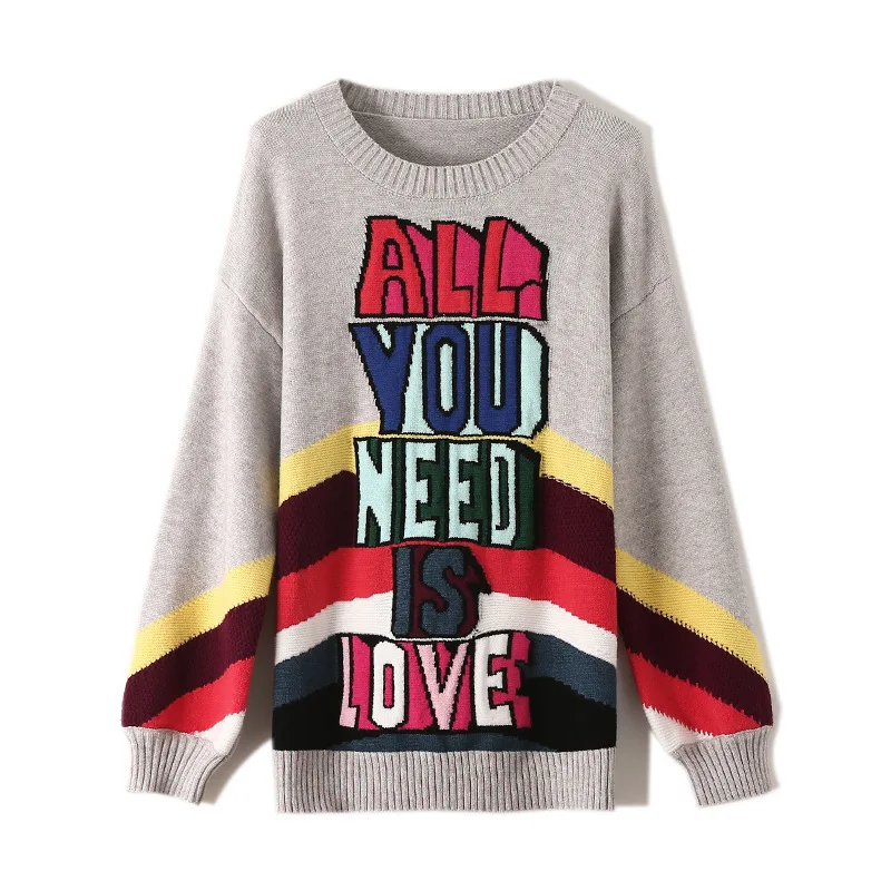 

Brand Designer 2021 Fall Winter Sweater Thick Warm Pullovers Fashion Rainbow Letter Jacquard Knitwear Women O Neck Tops C-043