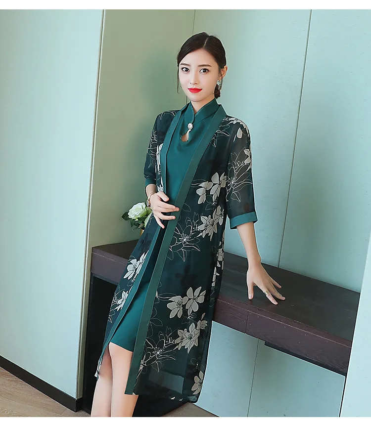 2018 лето и осень Новый стиль с принтом Cheongsam платье жилет Ретро Кардиган большого размера комплект пальто