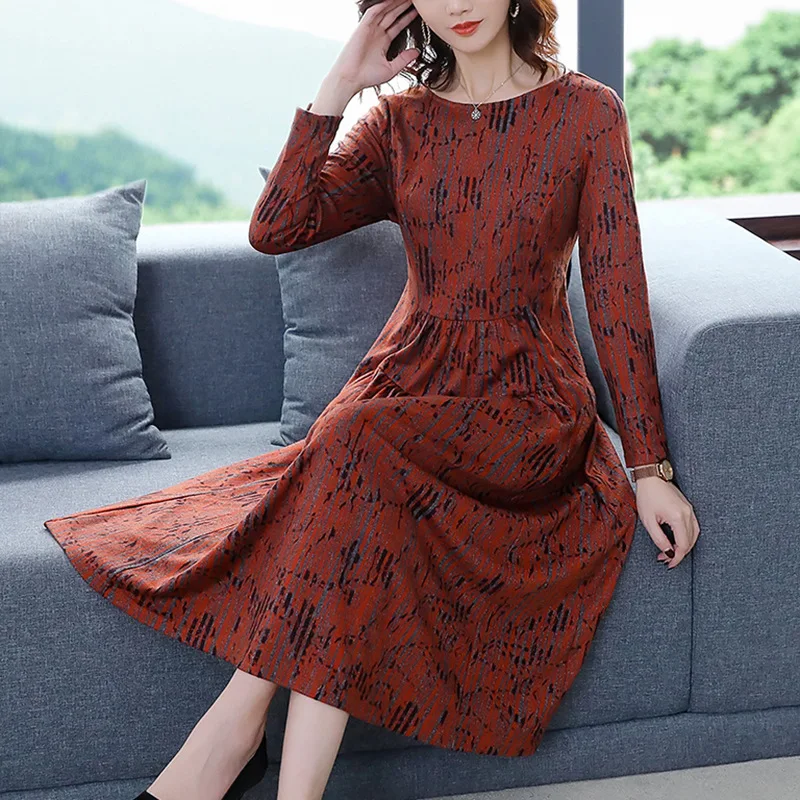 

2019 Early Autumn And Winter New Style Wool Dress Women's Mid-length Loose And Plus-sized Spring And Autumn Long Sleeve Base Ski