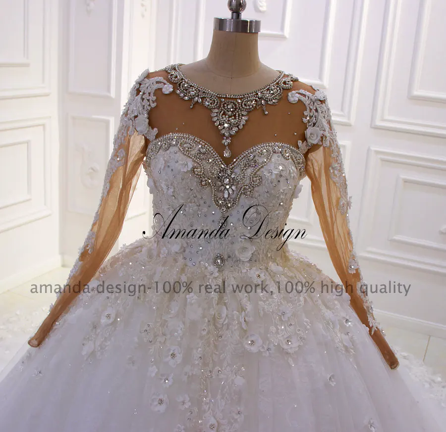 Аманда дизайн дизайн длинный рукав горный хрусталь кристалл полный рукав 3 D свадебное платье с цветами