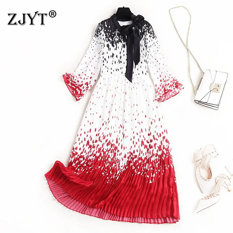 

High Street Fashion Women Spring Dress 2020 New Elegant Lady Bow Neck Flare Sleeve Print Mid Calf Holiday Pleated Chiffon Dress