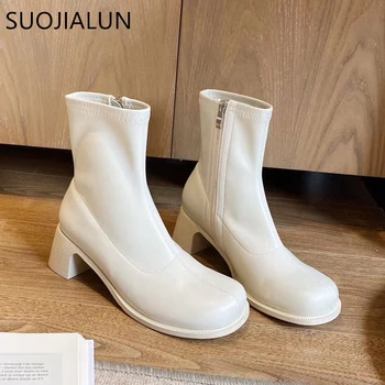 

SUOJIALUN New Casual Women Ankle Boots Square Low Heel Brand Designer Ladies Short Boots Round Toe Zip Ladies Chelsea Boots