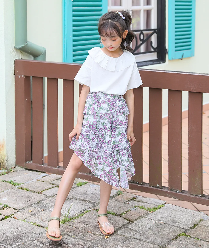 Summer 2020 Chiffon Layered Skirts Dresses For Teenage Girls Floral Printed Asymmetrical Skirt Kids Mid Waist Cute Skirt Clothes (4)