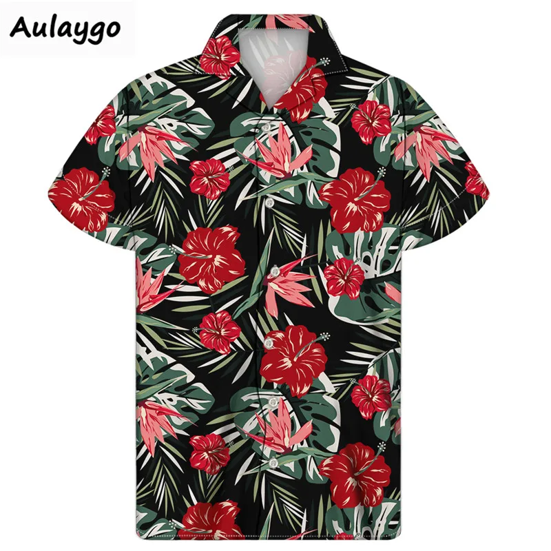 

Summer Cuban Man Shirt Tropical Plants Printed Turn-down Collar Thin Short Sleeve Loose Hawaiian Shir 2020 New Camisa Hombre