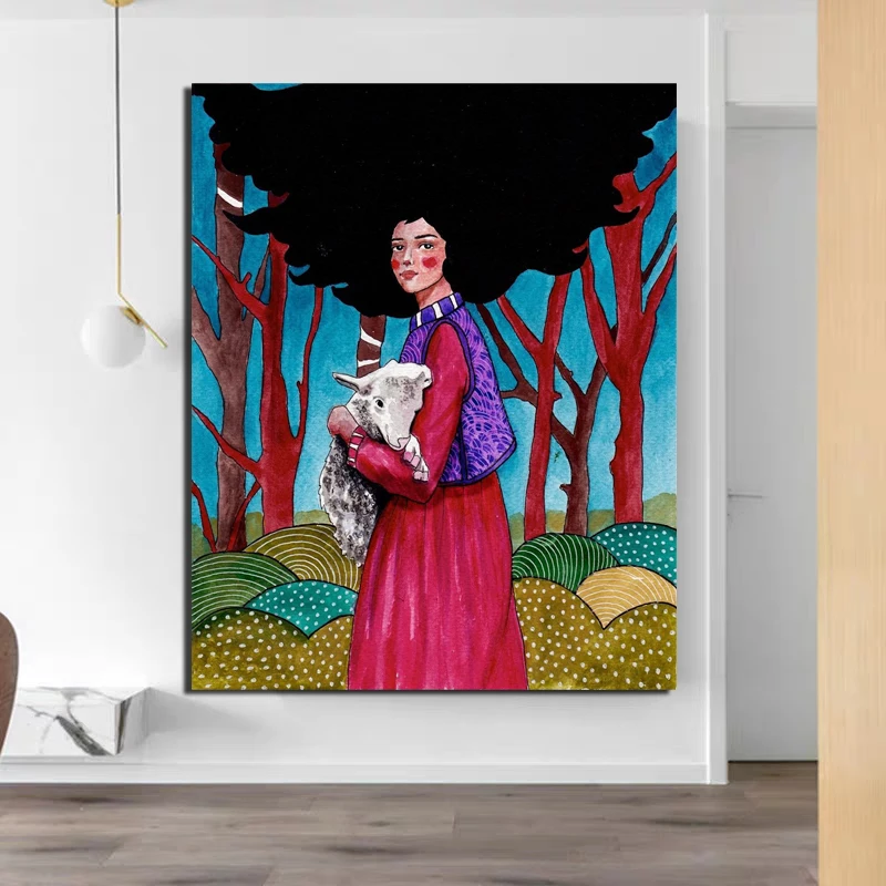 

Nordic Poster Holding A Sheep Girl Cuadros Canvas Painting Print Living Room Decor Modern Wall Art Oil Painting Poster Unframed
