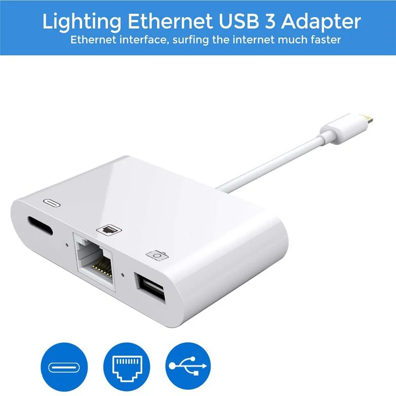 

3 in 1 Lightning to RJ45 Ethernet LAN Wired Network Adapter For iPhone X/XR/XS/8/7 iPhone iPad to USB Camera Adapter Kit hub usb