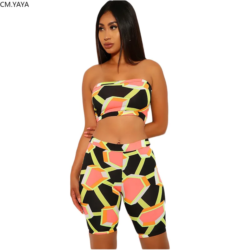 CM.YAYA Women Sport Two Piece Set Geometric Strapless Crop Tops Knee Length Jogger Sweatpants Suit Tracksuit Matching Outfit | Женская