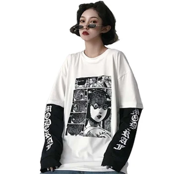 

Harajuku T-shirt Women Fake Two Pieces Print Japanese Horror Comics Long Sleeve Shirt Women Vetement Femme Tshirt Streetwear