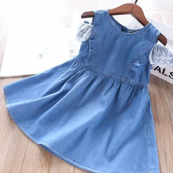 

Spring and Summer Girls Lace Off-Shoulder Denim Dress Childrenswear Wholesale