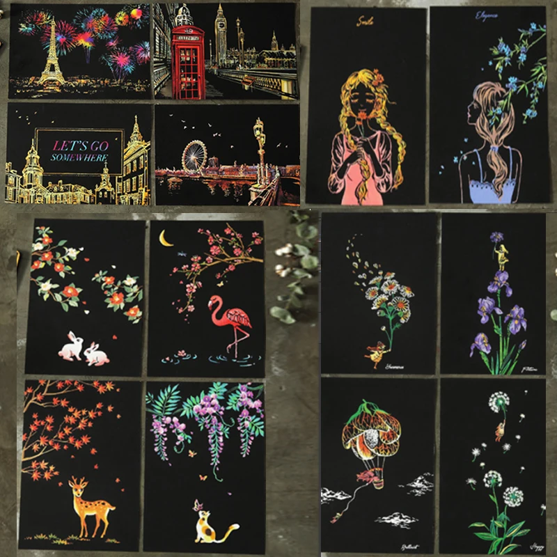 4Pcs/set Flowers Girls Bulidings Magic Colorful Scratch Art Painting Children Kids Drawing Paper Board Educational Painting Toys afbeelding