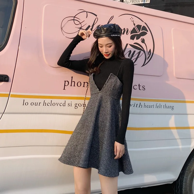 

2019 Autumn Korean-style Online Celebrity Tweed Dress Women's Waist Hugging Slimming Base Sweater A- line Skirt Two-Piece Set