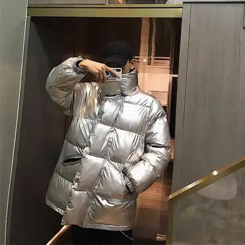 

Winter fashion reflective Korean loose oversize men cotton clothes thickened shiny streetwear hip hop homme jacket coats