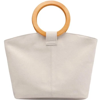 

Casual Women'S Bag Wooden Round Handbag Canvas Ladies Bucket Bag Female Large Handbag Shopping Bag White