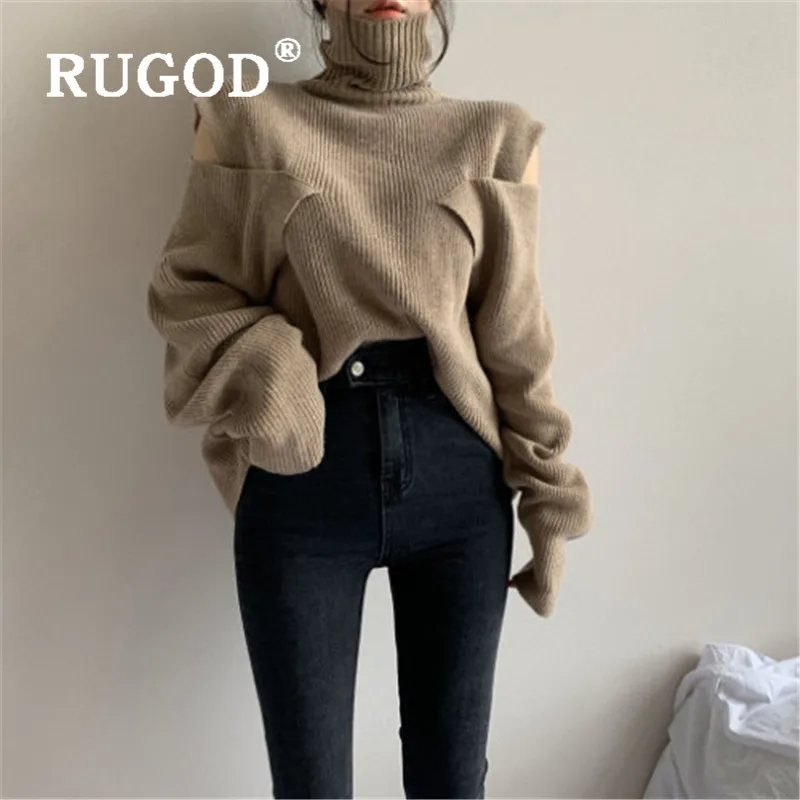 RUGOD, новое осеннее специальное поступление, корейский Однотонный свитер, пуловеры, женский свитер с высоким воротом, длинный рукав, с открытыми плечами, трикотаж