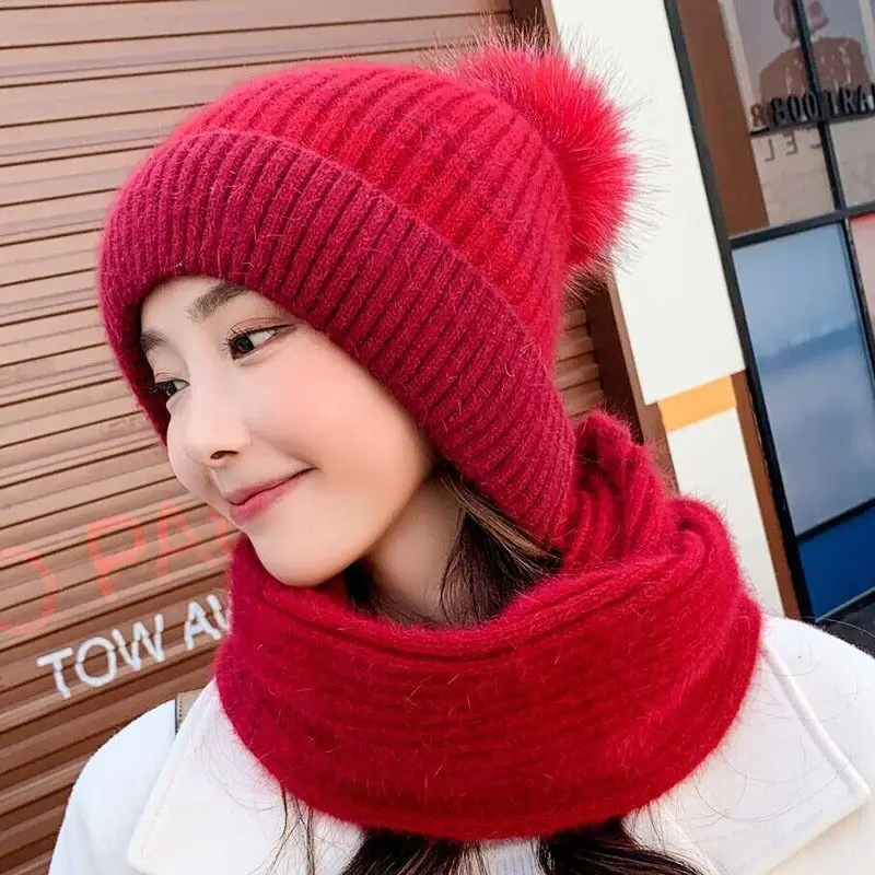 Модная зимняя Толстая кашемировая теплая шапка, женский шарф с помпонами из искусственного меха, зимняя женская вязаная шапка из шерсти, лыжная шапка, 2 комплекта