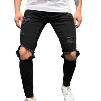 

Men's Solid Color Casual Knee Slim Cropped Skinny Jeans Zipper Youth Slim Stretch Pants