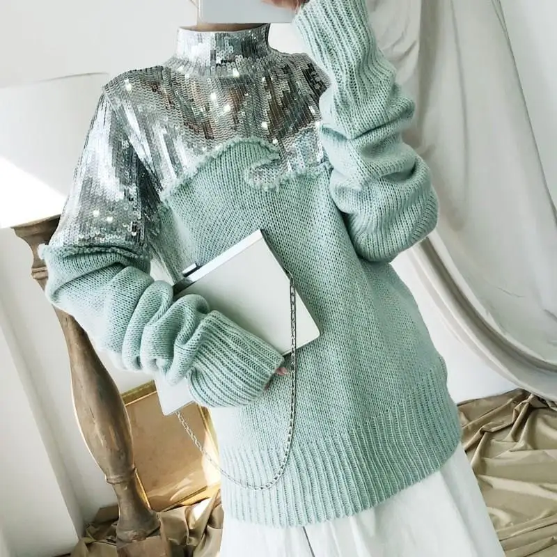  Nice Women Turtleneck Sweaters Winter Sequins Patchwork Knit Sweater Fall Long Sleeve Tender Green 