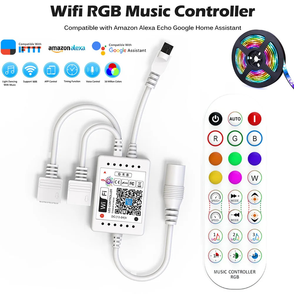 Controller Led Voce/Musica Rgb A 24 Tasti Ir; Controller Wifi Rgb Remoto; Smart Home Con Google Home; Per Striscia 5050 2835