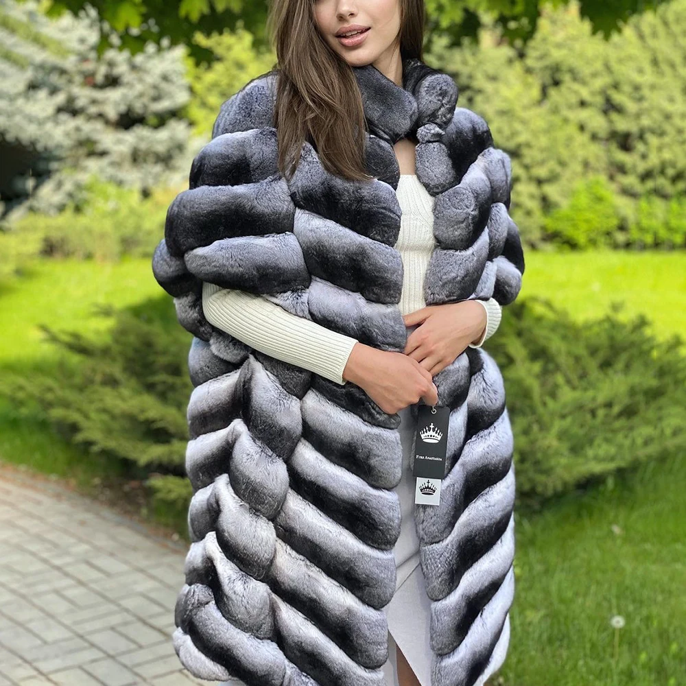 цена 2022 Winter New Real Rex Rabbit Fur Coat Long Length Fashion Women Natural Rex Rabbit Fur Coat Stand Collar Luxury Fur Overcoat