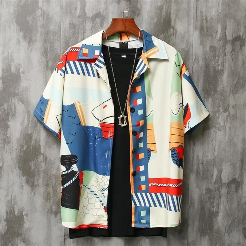 

2020 New Summer Short-sleeved Shirt Men Trend Style Hit Color Casual Five-point Sleeve Loose Student Couple Shirt Jacket