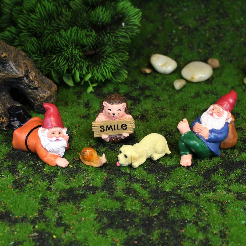 1 Set Mini Fairy Garden Drunk Yoga Gnomes Miniature Ornaments Set Dwarf Bonfire Statues for Flowerpot Garden Decor Accessories