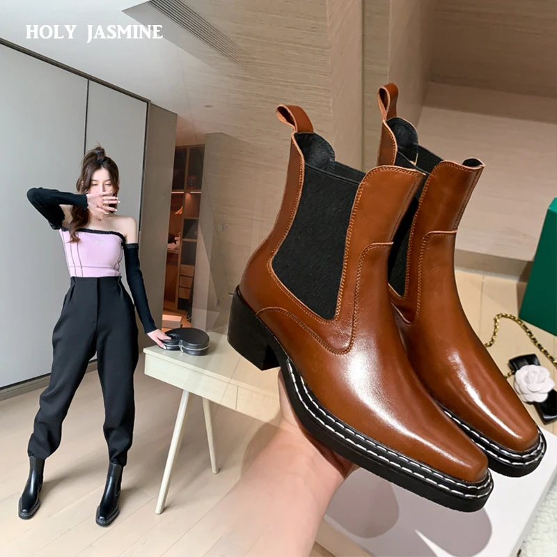 

Platform Boots Genuine Leather Boots Women Shoes Slip on Square Toe Western Boots Cowboy Ladies Ankle Boots 2021 Autumn Shoes