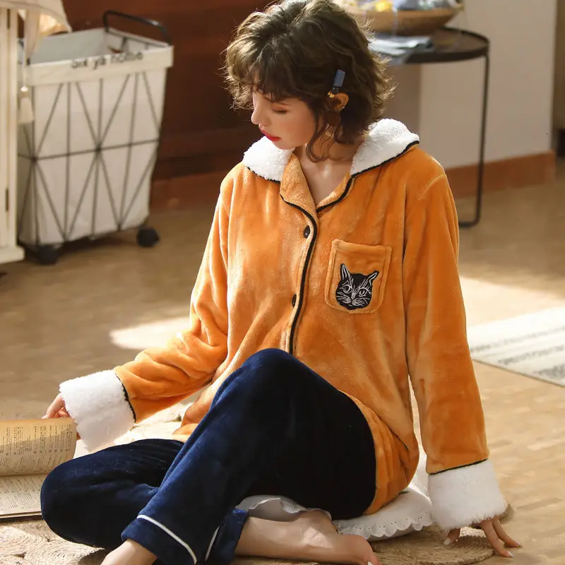 Yellow Sleepwear Wom Женская одежда для сна, большие размеры, теплые пижамы, женские комплекты, тёплая Пижама, женский зимний домашний костюм, женская пижама больших размеров для женщин XXL - Цвет: Yellow Sleepwear Wom