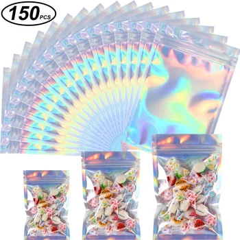 

150 Pcs Mylar Zipper Closure Bags Aluminum Foil Food Storage Bags Holographic Rainbow Color Mylar Bags Resealable Pouch