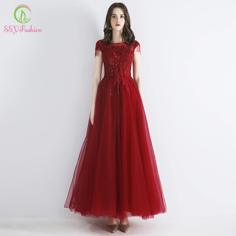SSYFashion невесты банкет Элегантное Вечернее Платье бордовое кружевное официальное платье с аппликацией Для женщин Длинные вечерние платья Robe De Soiree