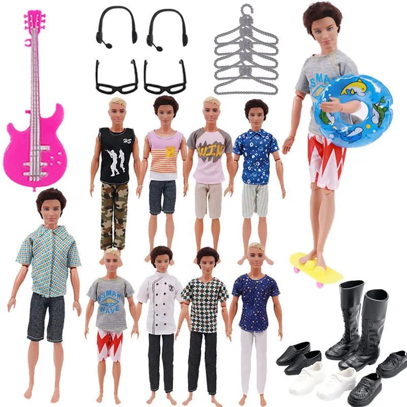 

30Items/Lot Ken Barbies Accessories=5 Set Clothes+5 Hangers+4 Pairs Shoes+Swimming Ring+Guitar+Skateboard+2 Glasses+2 Headphones