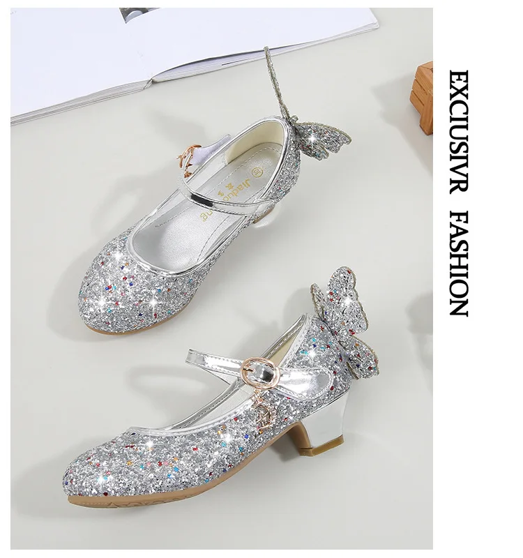 girls shoes 2020 Princess Kids Leather Shoes for Girls Flower Casual Glitter Children High Heel Girls Shoes Butterfly Knot Blue Pink Silver girls leather shoes