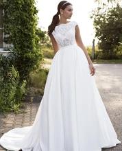 

Wedding Dress A-Line O-Neck Cap Sleeve Lace Appliques Sequined Beads Backless Floor Length Sweep Train Elegant Bride Gown New