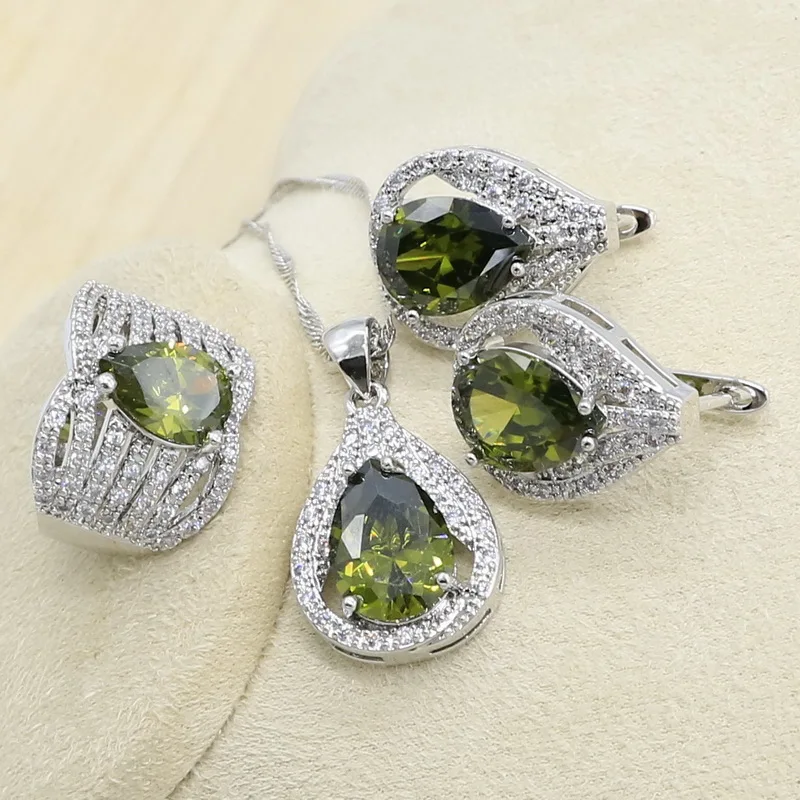 Green Peridot Zircon Silver 925 Jewelry Set Women Bracelet Earrings Necklace Pendant Ring Birthday Gift bridal jewelry sets,crystal jewelry sets,earring ring sets