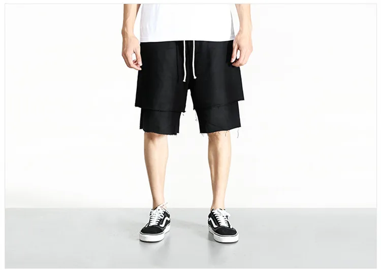 Solid Summer Men Fake Two Pieces Loose Style Casual Shorts Mens Hip Hop High Quality Cotton Street Drawstring Knee Length Shorts