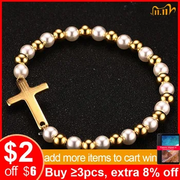

Vnox Pearl Beaded Bracelet for Woman Bible Cross Gold color Stainless Steel Women Jewelry