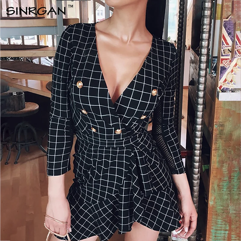 SINRGAN Grid Mesh Sleeve Button Detail Flutter Hem Dress Ruffles Plaid Black Sexy Dresses Vneck Short Fashion Mini | Женская одежда