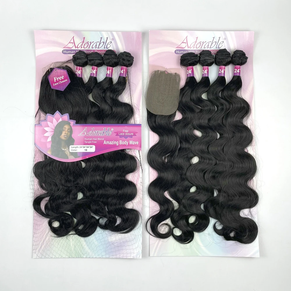 Adorable Full Packet Solution Synthetic Hair Bundles With Free Machine Made 4*4 Lace Closure 24Inch Black Amazing Body Wave 4pcs