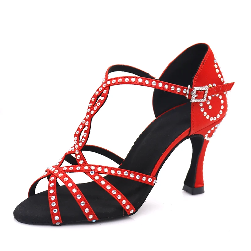 Samisoler/женские туфли для латиноамериканских танцев с коричневыми стразами; танцевальные туфли для сальсы; модные удобные атласные туфли на высоком каблуке 5-10 см