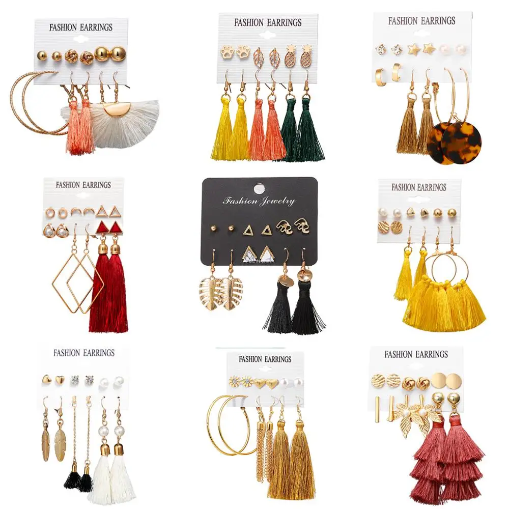 

6 Pairs/set Fashion Long Tassel Stud Earrings Set For Women Girl Bohemian Geometric Mixed Earrings Trendy Wedding Jewelry Gifts