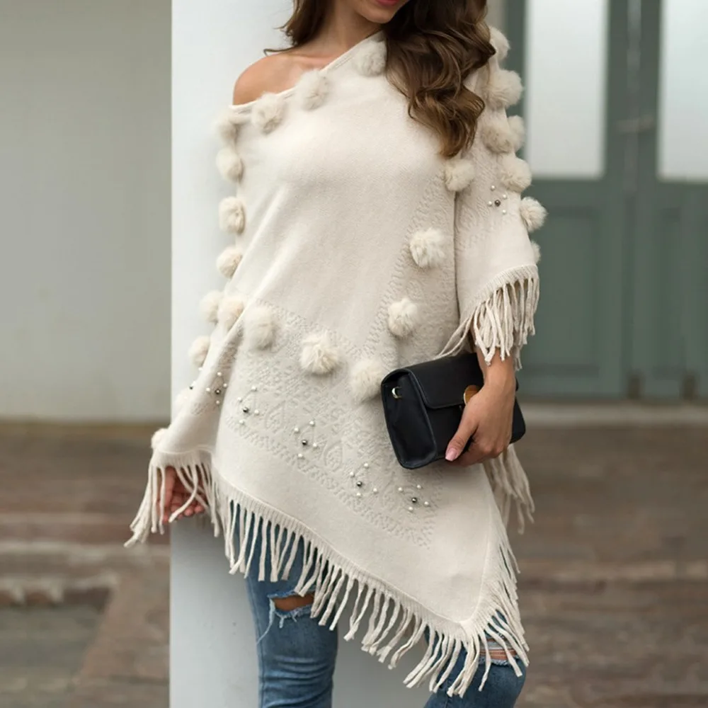 Осенний и зимний модный простой женский однотонный плащ с круглым вырезом и кисточками свободная шаль кардиган свитер пальто горячая распродажа