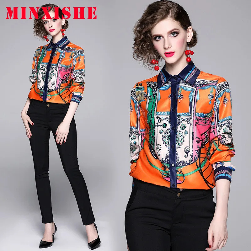2019 Long Sleeve Woman Blouses Shirts Polo Print Orange Tops Elegant Vintage Blouse Office Casual Plus Size Clothes Mujer Blusas |