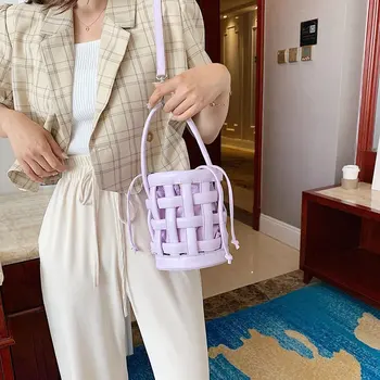 

Women Lattice Hollow Out Handbag Luxury Designer Female Shoulder Bag Premium Leather Crossbody Bags Bucket Shape Clutch Purse