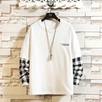 

2019 Spring Autumn New Cotton Patchwork T SHIRT Long Sleeves Men's Tshirt O-Neck Pure Color Tops